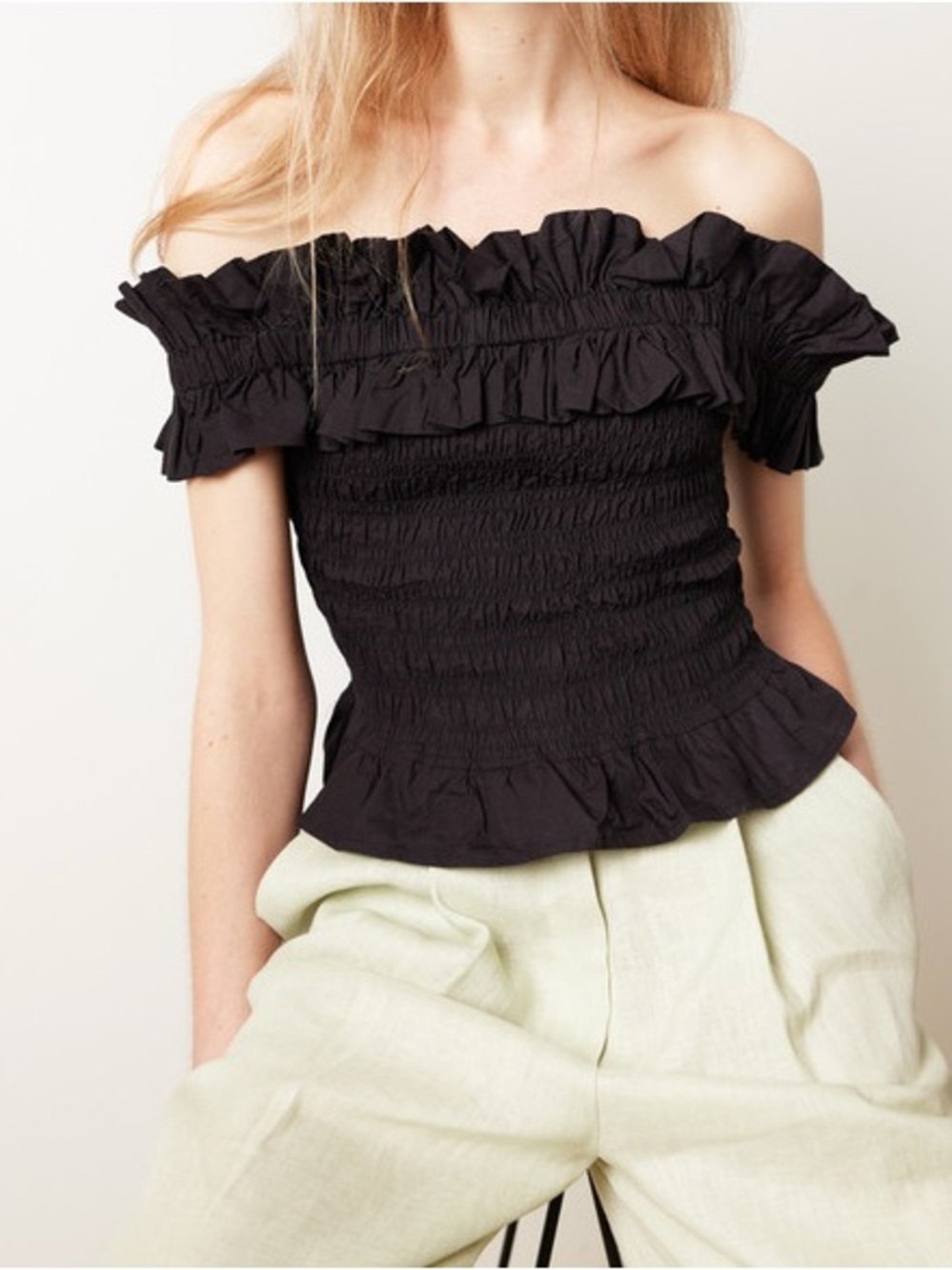 GANNI
COTTON OFF SHOULDER POPLIN
BLOUSE - BLACK
$185.00